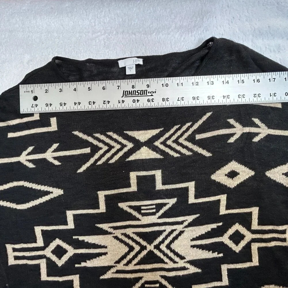 J. Jill Womens Black & Beige Aztec Knit Sweater Large Linen Blend 3/4 Sleeve